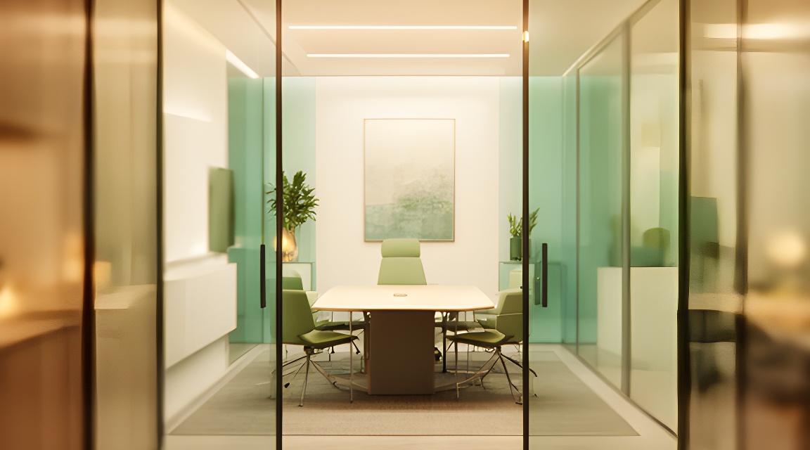 Moderne Wiener Kanzleiräume mit Glasfront, Besprechungstisch und warmem Licht